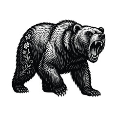 A Roaring Grizzly Bear Black and White Engraving with Floral Accents
