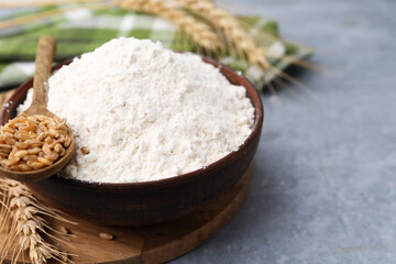 Wheat flour in bowl, grains and spikes on grey table, closeup. Space for text