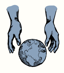 God's hand creates earth. Vector drawing