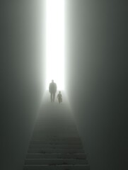 Emotional Journey of a Father and Child Walking Towards a Bright Light