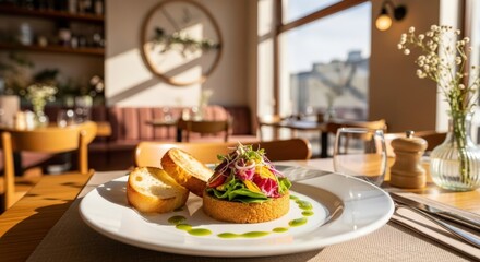 Gourmet dish on a white plate, restaurant interior. Healthy food concept.