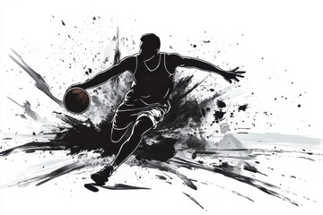 Dynamic basketball player dribbles past defenders on a grunge background during an intense street game