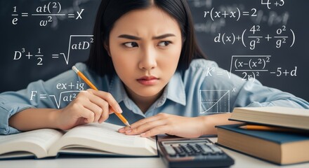 Asian student solving math equations with pencil and calculator