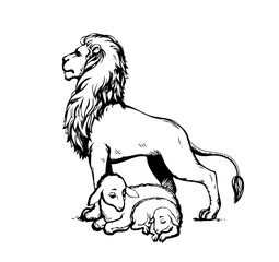 Vector drawing. Lion and lamb walks together