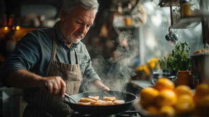 Mature person cooking food indoor