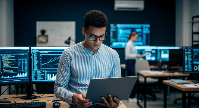Young developer focused on laptop programming in modern tech office, surrounded by monitors displaying code, charts, and data analytics.