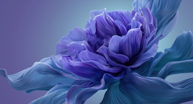 Elegant Abstract Blue and Purple Flower with Fluid Petals in Motion, Serene Gradient Background Creating Depth and Tranquility