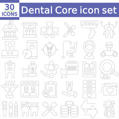 Dental Core icon set with health, teeth, maintenance, disorders, dentistry, surgery, oral, hygiene, treatment and caries