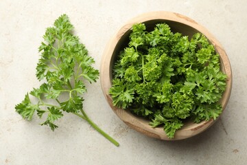 Fresh parsley in bowl on light table, top view