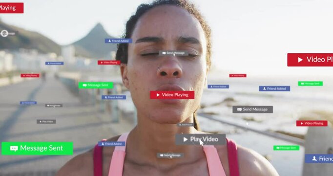 Athlete standing on boardwalk with cursor clicking play and multiplying social media notifications