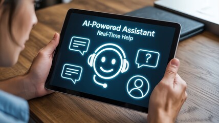 Person looking at a tablet displaying an ai-powered assistant interface.