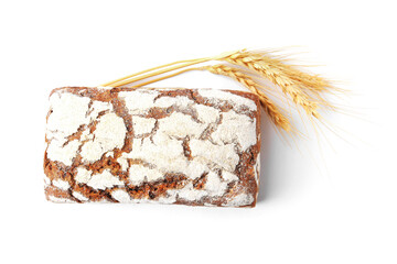 Fresh rye bread and spikes isolated on white, top view