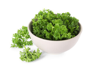 Fresh parsley in bowl isolated on white
