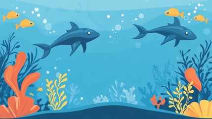 Fototapeta premium Two cartoon sharks swimming gracefully in a vibrant underwater scene with colorful corals and fish