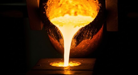 Molten metal pouring from a crucible in a foundry.