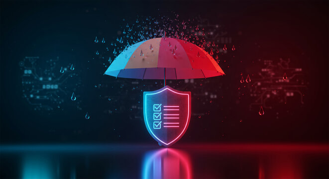 Cybersecurity and insurance concept with 3D umbrella protecting a glowing shield icon, representing data protection, risk management, and digital safety.