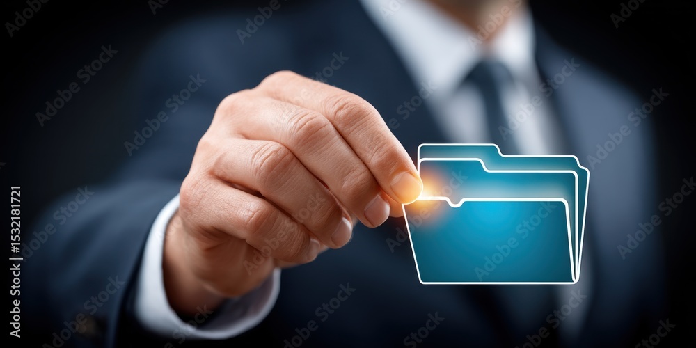 Poster close up of a hand reaching for a digital file folder icon businessman in a suit