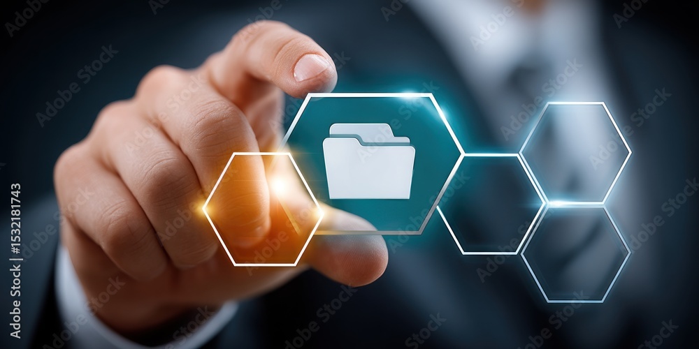 Poster Hand interacting with digital interface showing folder icon hexagonal network design close up view