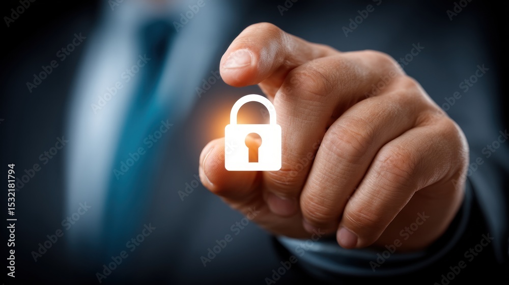Poster Close up of a hand interacting with a digital padlock icon Security and data protection concept