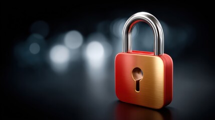 Fototapeta premium Red and gold padlock on dark background with bokeh effect Close up view of a metallic padlock