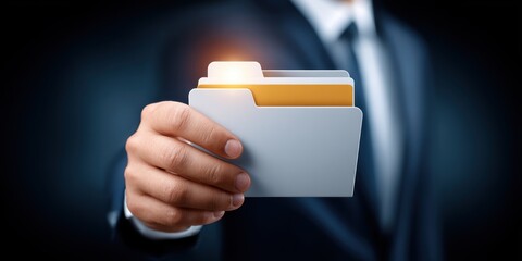 Person in suit holding a digital file folder illuminated tabs close up