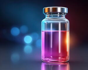 Glass vial with pink and orange liquid metallic silver cap bokeh background