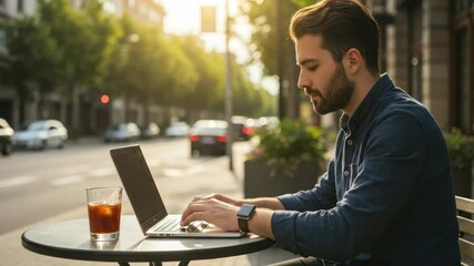 A man sits outdoors at a cafe table, working on a laptop. Sunlight highlights his profile and the iced coffee in front of him