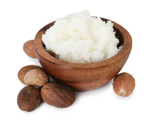 Natural shea butter in bowl and nuts isolated on white