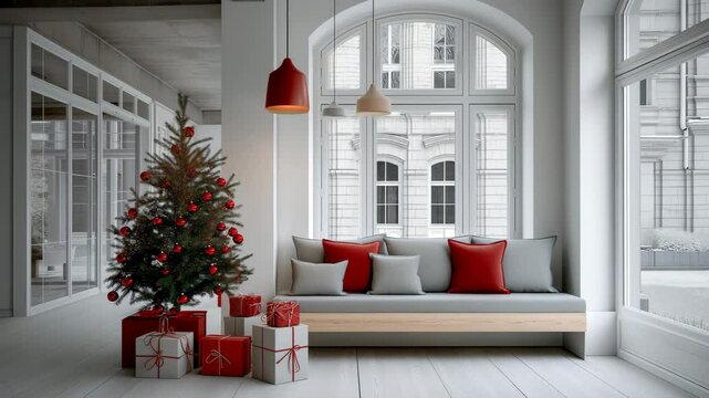 Cozy white living room in minimalist style beautifully decorated Christmas tree. Bright modern living room with decorated Xmas Gift boxes and Christmas tree. 