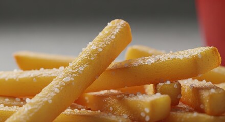 Close up of golden French fries with salt, fast food concept.