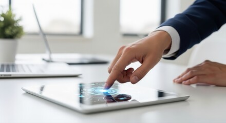 Businessman touching digital tablet screen with futuristic interface