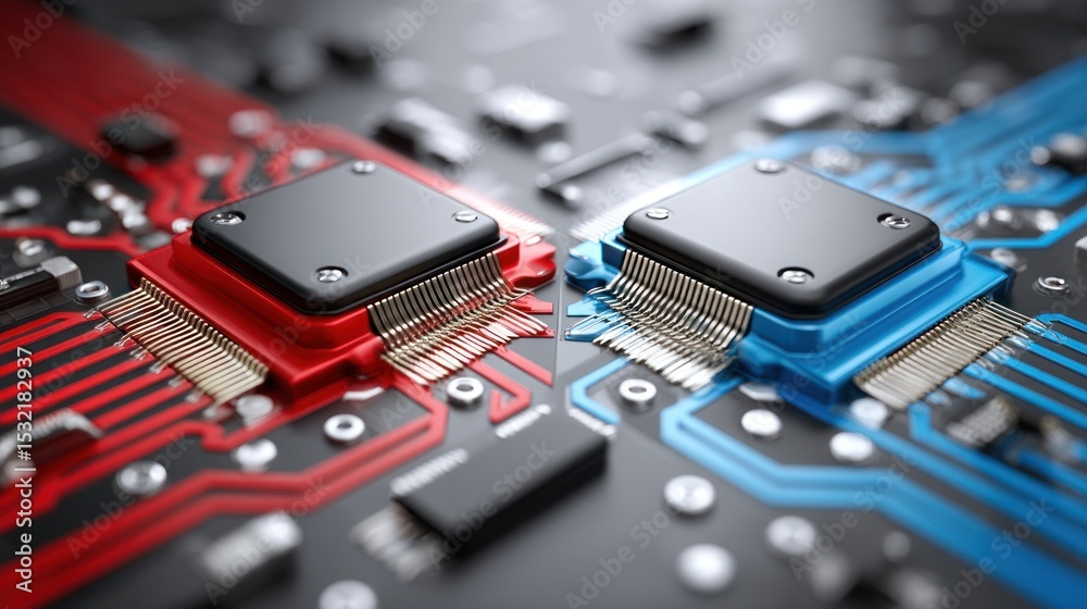 Poster Close up view of two microprocessors on a circuit board one red one blue High detail  showcasing technology