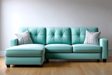 Fototapeta premium Teal Sectional Sofa with Chaise Lounge and Cushions on Light Wood Floor