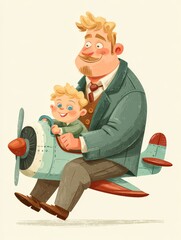 Joyful Dad and Son Adventure in Toy Airplane Illustration for Heartwarming Moments