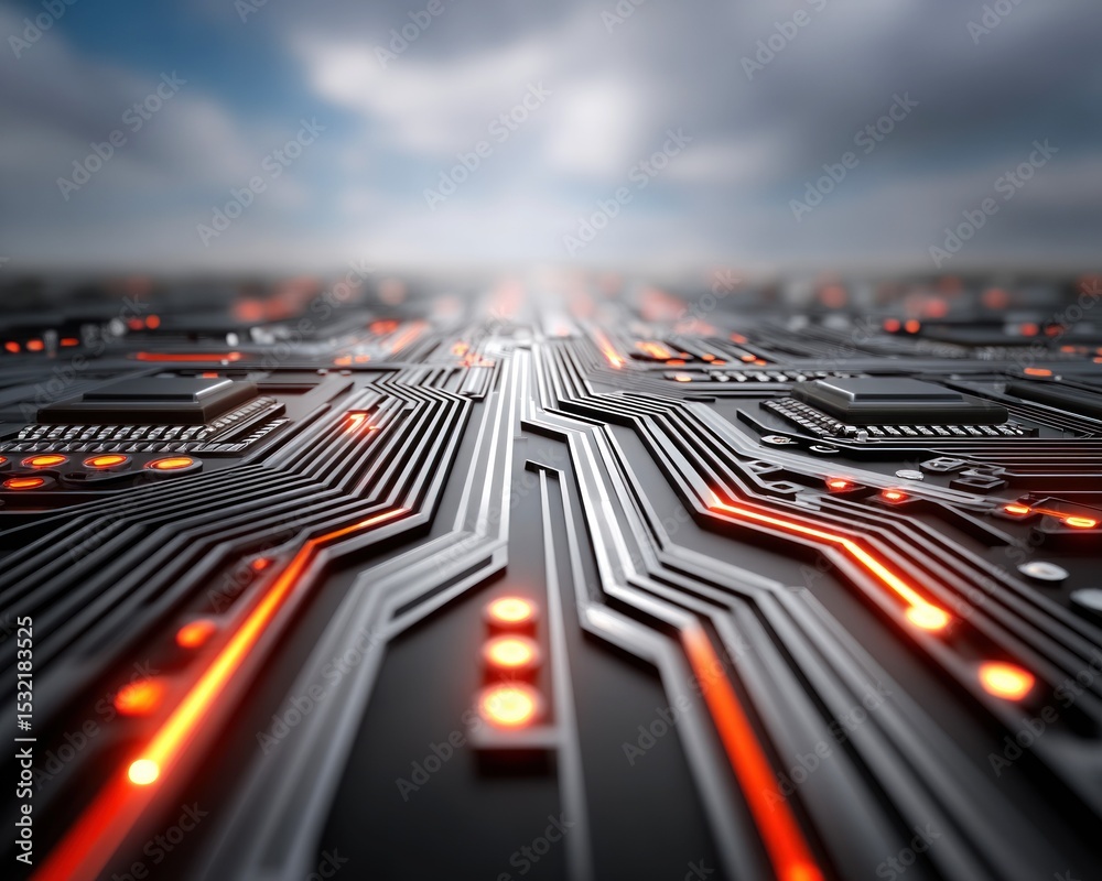 Poster Abstract Circuit Board Illuminated Pathways and Processors Close up view of a futuristic electronic circuit board with