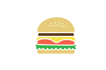 Colorful vector illustration of a delicious cheeseburger with layers of bun, cheese, meat, lettuce, and tomato, isolated on a white background. Perfect for fast food designs, restaurant menus, 