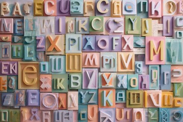 Multilingual Alphabet Collage with Latin, Cyrillic, and Greek in Pastel Colors