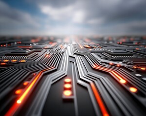 Abstract Circuit Board Illuminated Pathways and Processors Close up view of a futuristic electronic circuit board with