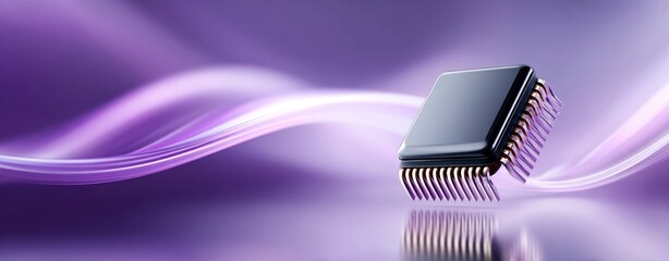Microchip on Purple Abstract Background with Light Streaks   of a single microchip