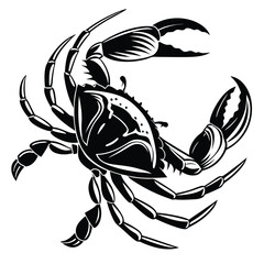 Bold monochrome silhouette depicts a crab with detailed claws, showing intricate design elements