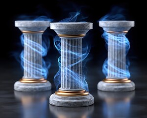 Three marble columns with blue smoke swirls Classical architectural elements