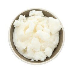 Shea butter in bowl isolated on white, top view