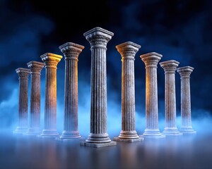 Eight Classical Stone Columns in Misty Night Setting Architecture Pillars