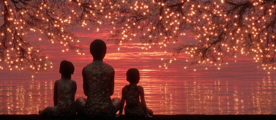 Serene Family Picnic Scene at Sunset with 3D Clay Figures by the Water