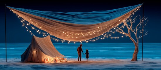 Family Picnic Scene with Father and Daughter Under Beautiful 3D Clay Tent at Night