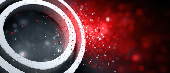 Abstract concentric circles textured white rings against a dark gray background red bokeh and particles