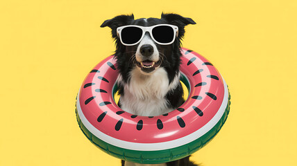 Border collie dog with sunglasses and watermelon pool float ready for summer fun