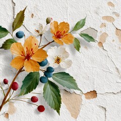 Watercolor floral arrangement Orange and white blossoms with berries against a distressed white background