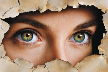Woman's green eyes peering through cracked wall Close up detail of female face