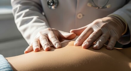 Doctor examining patients abdomen. Medical checkup and healthcare concept.